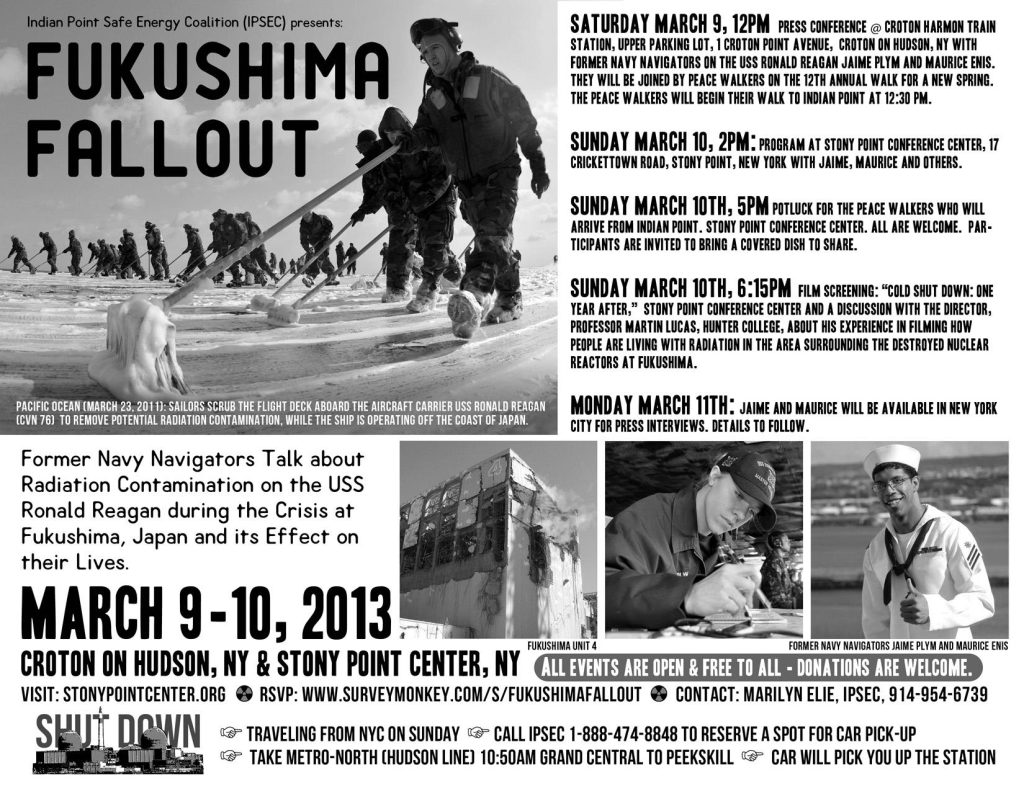 Flyer for "Fukushima Fallout" event, March 9-10, 2013, in New York. Discusses radiation contamination on USS Ronald Reagan. Includes schedule, contact info, and images of a ship and speakers. 