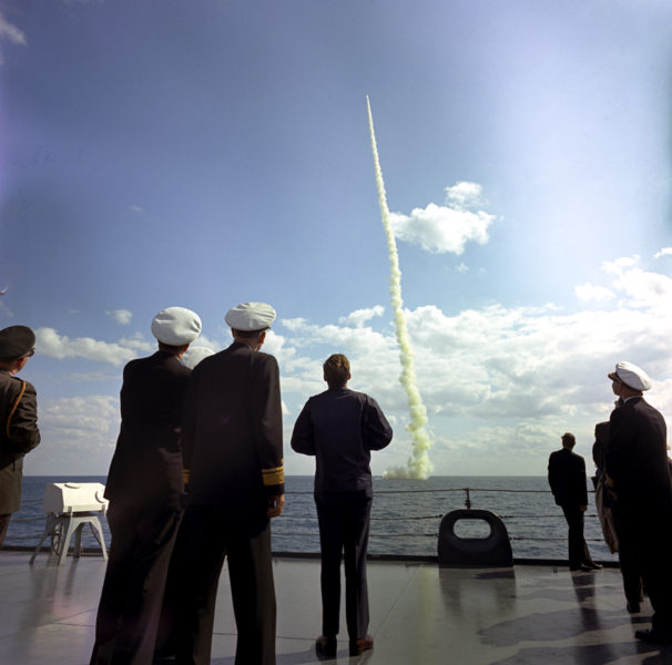 KN-C30560 16NOV1963 President John F. Kennedy observes the firing of a Polaris missile by the Submarine Andrew Jackson aboard the U.S.S. Observation Island off the coast of Florida. Please credit "Robert Knudsen, White House/John F. Kennedy Presidential Library and Museum, Boston"