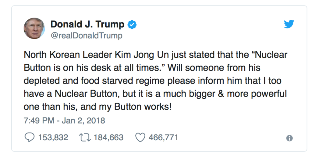 A tweet by Donald J. Trump discussing nuclear capabilities in comparison to North Korean Leader Kim Jong Un's statement about having a "Nuclear Button. 